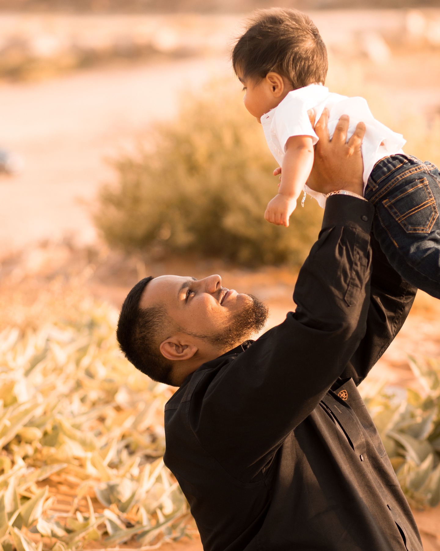 A father lifting his baby toward the sky